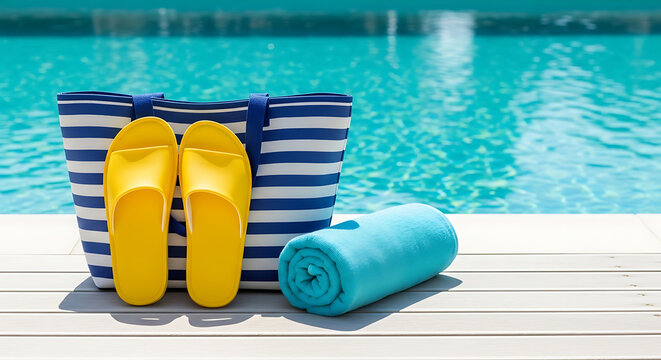 A blue and white striped beach bag with yellow flip flops and a rolled up towel by the pool