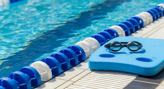 A pair of swimming goggles on a blue kickboard by the side of a swimming pool