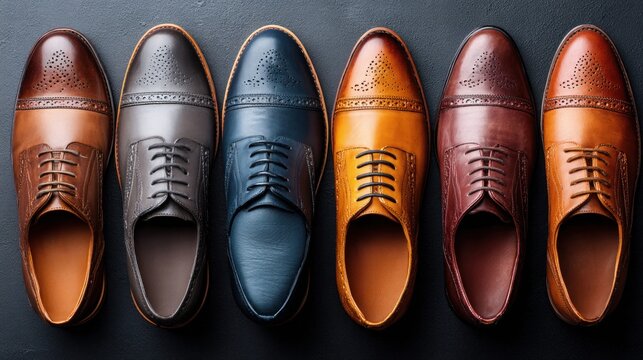 Stylish leather dress shoes in various colors arranged on a dark background