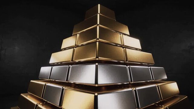 Vertical video: Cam moving closer, lights sweeping pyramid, showing gold silver contrast for tech