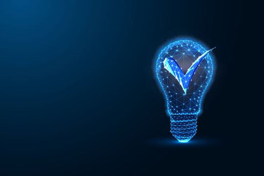Approved idea concept with glowing light bulb and check mark symbol of successful solution