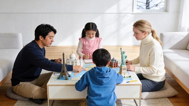 Placing Eiffel Tower, father in navy sweater guiding family arranging world map at home with models