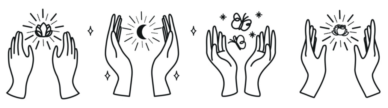 Illustration of hands holding symbols like flowers, moon, and butterflies. The hands and symbols are depicted in a minimalist, line-art style. Aesthetic spirituality vector illustration set.