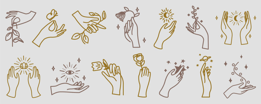 Minimalist line art of hands holding flowers, sun, moon, and stars. Delicate hands and celestial themes. Elegant hand illustrations with nature and celestial. Aesthetic spirituality vector set.