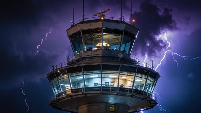 Lightning striking tiered ATC tower at night, lighting glassed decks and radar antenna during storm
