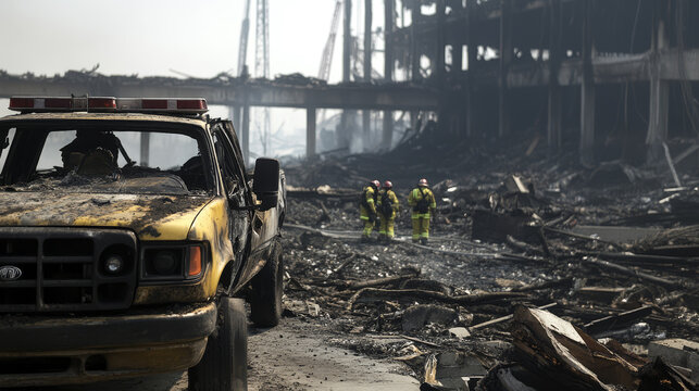 Firefighters survey damage after a massive industrial building fire