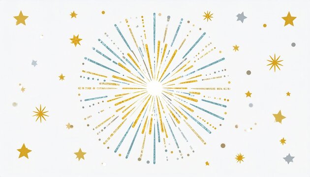 Esplosione stilizzata di fuochi d'artificio minimalisti blu e oro con stelle su sfondo bianco