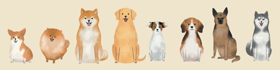 Illustration of eight different dog breeds, including a corgi, pomeranian, labrador, and husky. Various dog breeds sitting in a row, colorful and cute. Isolated animal vector set. © Rawpixel.com