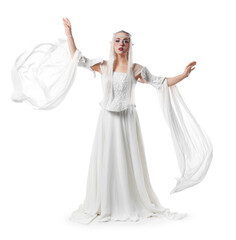 Obraz premium Beautiful girl dressed as elf on white background