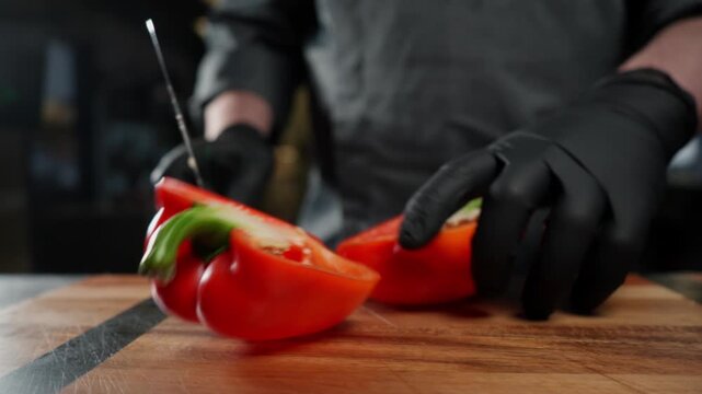 A chef in the kitchen cuts a pepper in half, his hands in gloves in the frame