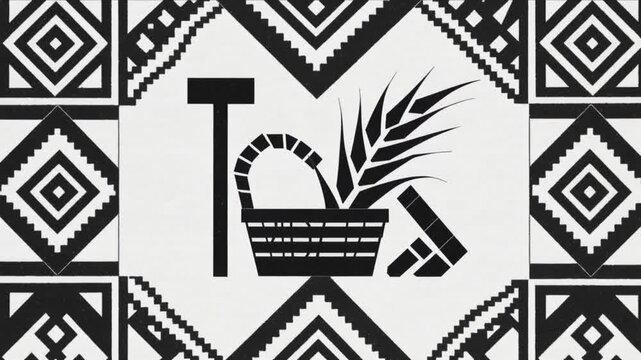 Morphing framed border driving woven basket forming handle and fronds, bootlike moving, post rising