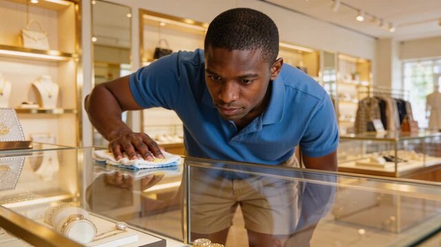 Starting cleaning, staff wiping glass jewel case in store using cloth, wearing blue polo tan shorts