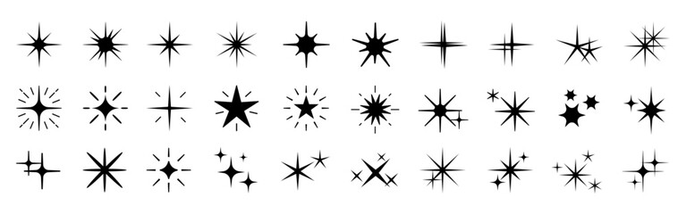 Obraz premium Vector set of black starburst and sparkle icons in various shapes and sizes on a white background.
