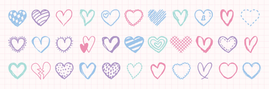 Colorful heart doodles in blue, pink, and purple. Heart shapes vary in style, with stripes, dots, and patterns. Heart doodles for creative designs. Valentine's element vector set.