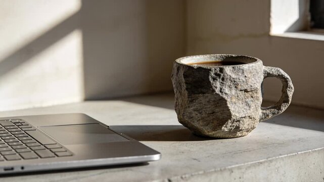 Shifting sunlight casting diagonal shadow across windowsill, highlighting textured mug and laptop