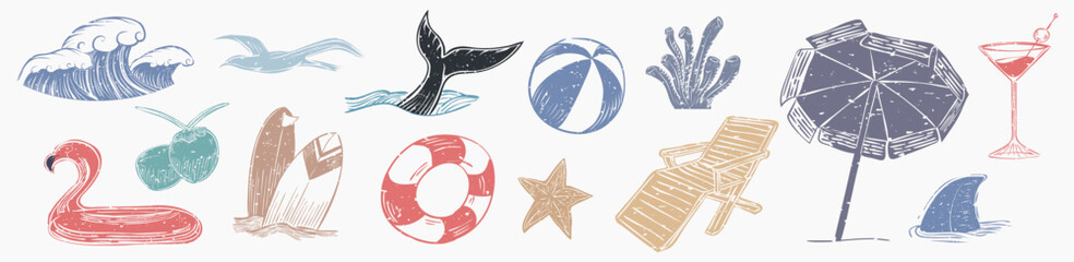 Beach-themed icons: waves, seagull, whale tail, beach ball, umbrella, cocktail, surfboards, lifebuoy, starfish, beach chair, shark fin, and flamingo float. Summer vacation element vector set. © Rawpixel.com