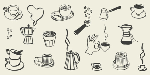 Coffee and tea doodle icons for cafe menu design. Italian breakfast sketch with espresso cup and hot drinks in retro line art style. Chalk vector illustration © Olga Rai
