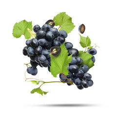 Fototapeta premium Fresh juicy grapes and green leaves falling against white background