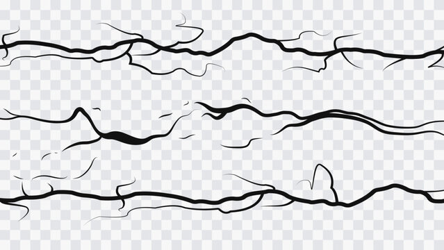 Abstract crack lines set with thin irregular shapes and organic fractures isolated on transparent background. Damage and fracture effect for design, games, and textures.