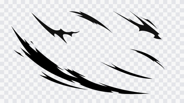 Abstract slash marks with sharp dynamic strokes and aggressive shapes isolated on transparent background. Attack or hit effect for games, design, and comic visuals.