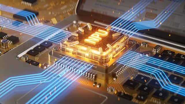 Glowing NPU module receiving data, pulsing on circuit board over laptop trackpad, blue data traces
