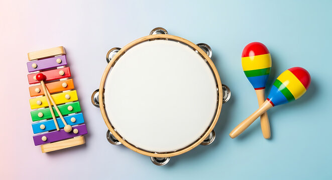 A colorful arrangement of musical instruments for kids on a pastel background