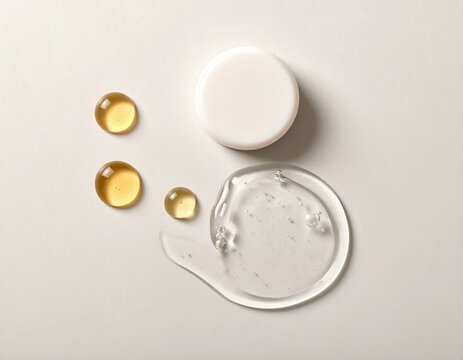 Gocce di siero giallo e gel trasparente per cura della pelle accanto a un tappo bianco su sfondo neutro.