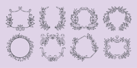 Obraz premium Elegant floral frames in various intricate designs. Floral motifs create ornate, decorative frames. Perfect for invitations, cards, or artistic projects. Frame element vector set.