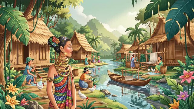 Stylized animation of a Kayan Lahwi woman wearing brass neck rings standing in a lush tropical river village with stilt houses and busy villagers