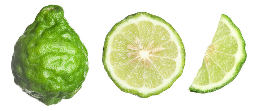 Fresh bergamot fruits isolated on white, set. Whole and sliced