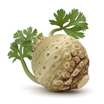 Fresh whole celeriac root vegetable with green leaves isolated on white background.
