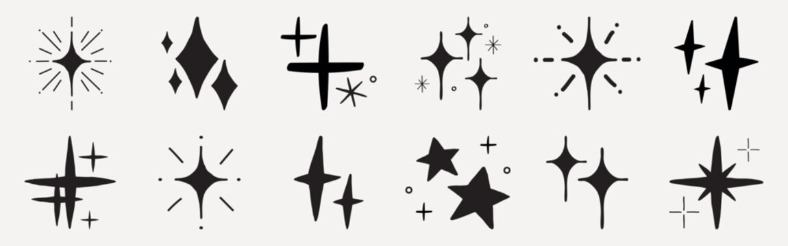 A collection of various black star and sparkle icons on a light background. Includes different star shapes and sparkle designs. Simple and minimalist star icons. Doodle star set.