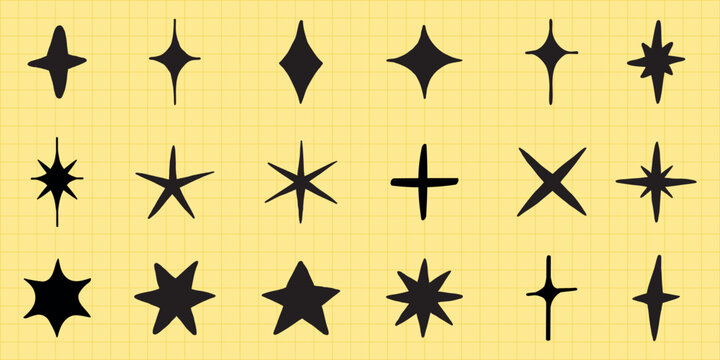 A collection of black star shapes on a yellow grid background. Various star designs, star patterns, and star silhouettes are displayed in rows. Doodle star set.