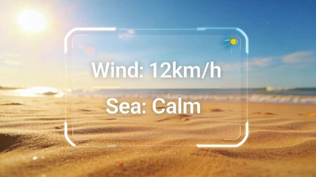 Weather overlay staying centered on shoreline, showing Wind: 12km or h while breeze lifting sand plu