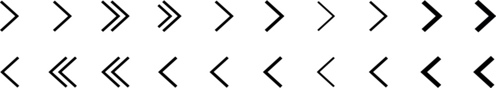 arrow and chevron navigation line icons set with right and left direction symbols for interface controls and buttons isolated on transparent background