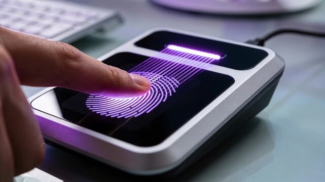 User pressing fingertip on biometric scanner, purple scan lines rising to LED, verifying security