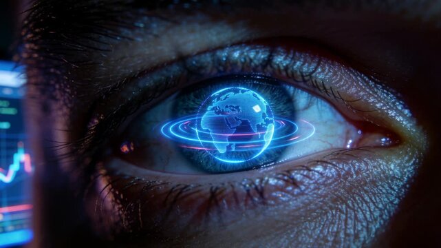 Closeup eye, gaze causing blue globe rotating pulsing settling while reading left finance chart