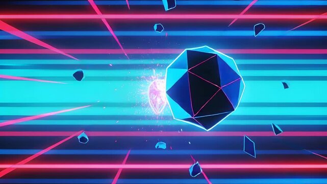 Colliding projectile igniting magenta core and fracturing glowing segmented shield in neon grid
