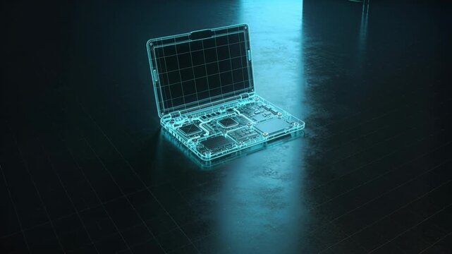 Pulling back camera revealing glowing cyan wireframe laptop in dark studio, to show internal layout