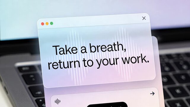 Appearing dialog window over blurred laptop with window dots, pulsing wave, nudging return to work
