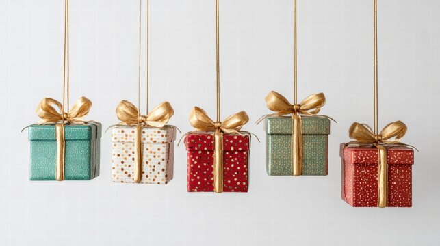 Festive hanging gift boxes with golden bows against a clean white backdrop.