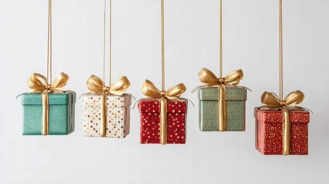 Festive hanging gift boxes with golden bows against a clean white backdrop.