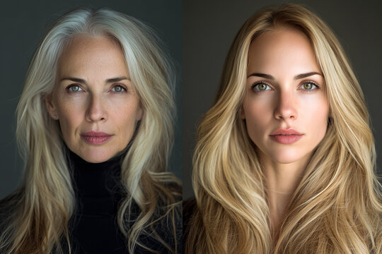 Split portrait comparing a middle-aged woman with grey hair and her younger blonde self. Concept of aging process, skincare, time passing and beauty transition on dark background