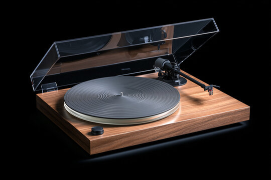 Modern wooden turntable with a dust cover isolated on a black background. Professional vinyl record player with wood finish. Audiophile hi-fi equipment for music lovers and djs