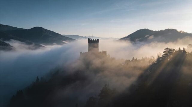 Rising drone revealing solitary crenellated tower in misty mountain valley, sunlight clearing fog