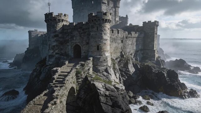 Advancing camera revealing stone castle on islet, swells striking causeway and arched entrance