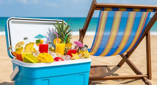 A blue cooler filled with fruit and drinks sits next to a beach chair on a sunny day at the ocean.