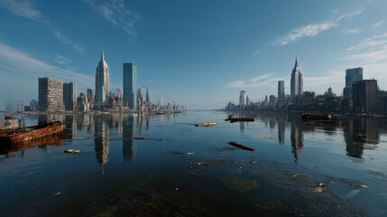 Obraz premium Post-apocalyptic New York City skyline reflected in polluted water with debris