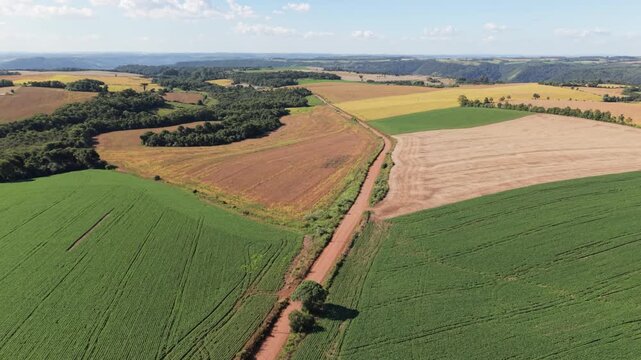 Drone footage of a country road winding through beautiful farmland. 