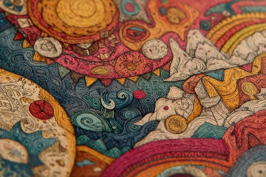 Dettaglio vibrante di un'illustrazione psichedelica astratta con colori caldi e motivi intricati.